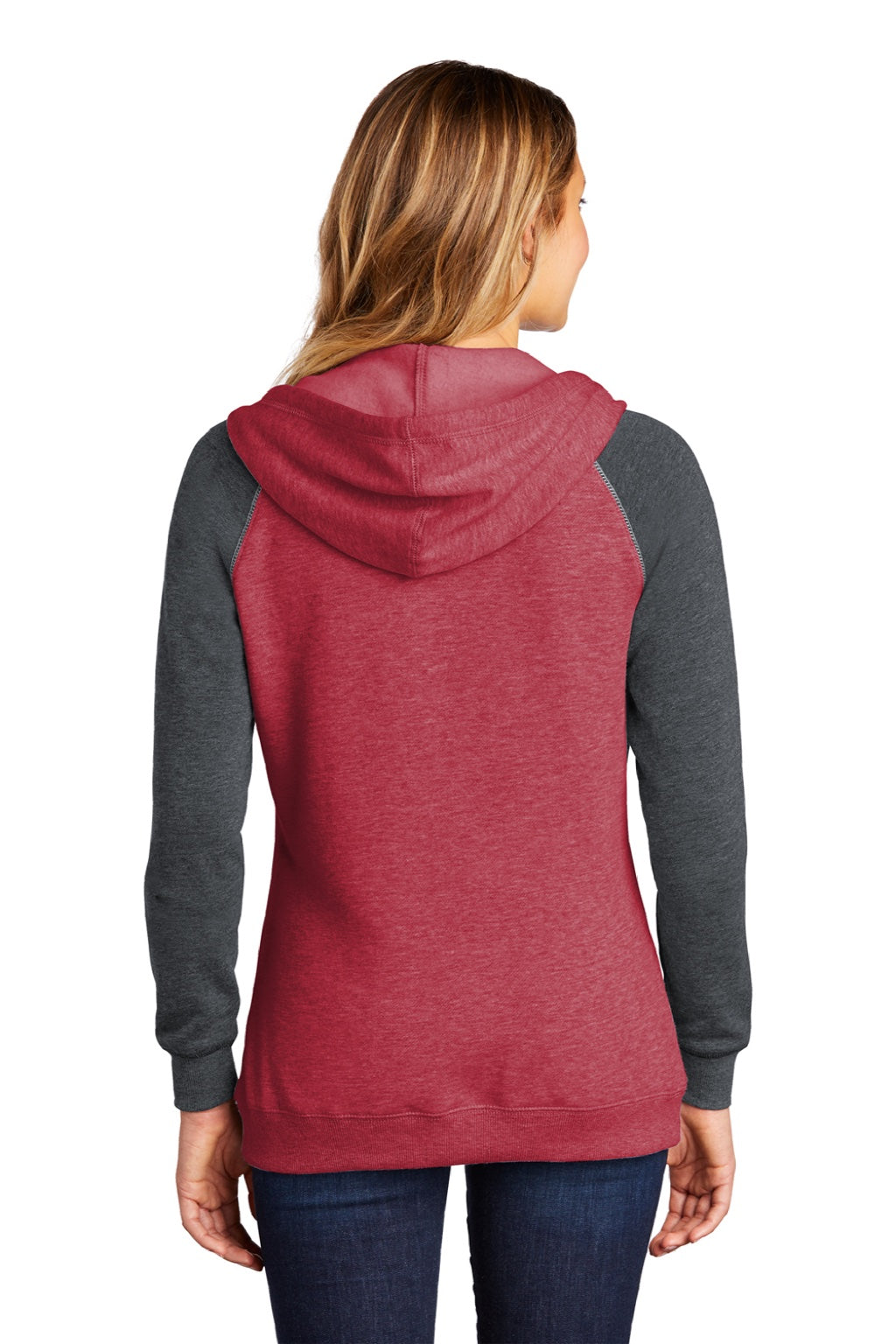 District DT296 Womens Fleece Hooded Sweatshirt Hoodie w/ Pouch Pocket Heather Red/Charcoal Grey Model Back