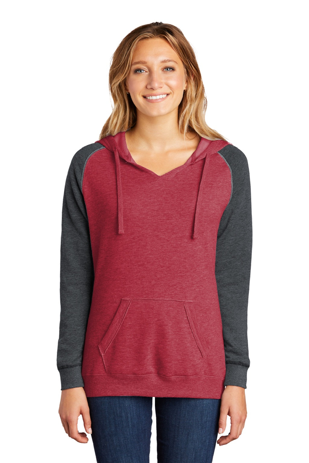 District DT296 Womens Fleece Hooded Sweatshirt Hoodie w/ Pouch Pocket Heather Red/Charcoal Grey Model Front