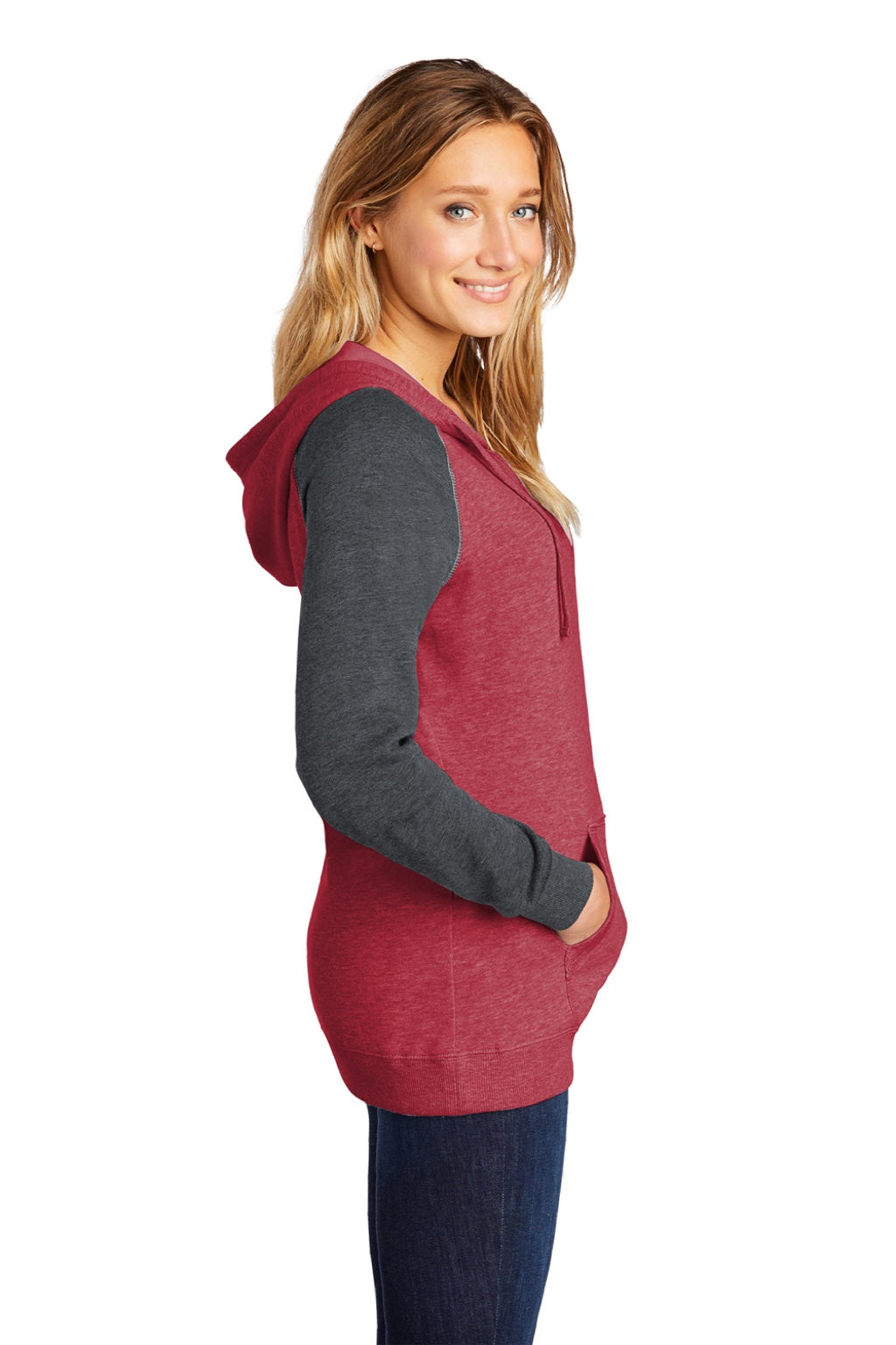 District DT296 Womens Fleece Hooded Sweatshirt Hoodie w/ Pouch Pocket Heather Red/Charcoal Grey Model Side
