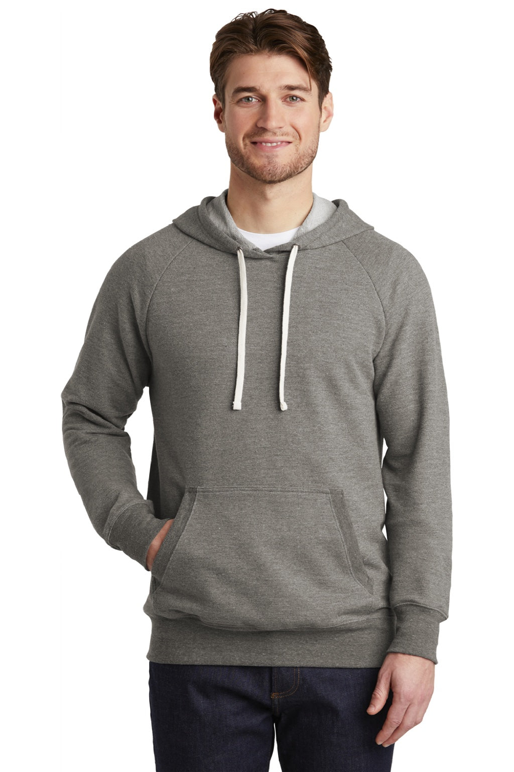 District DT355 Mens Perfect French Terry Hooded Sweatshirt Hoodie w/ Pouch Pocket Grey Frost Model Front