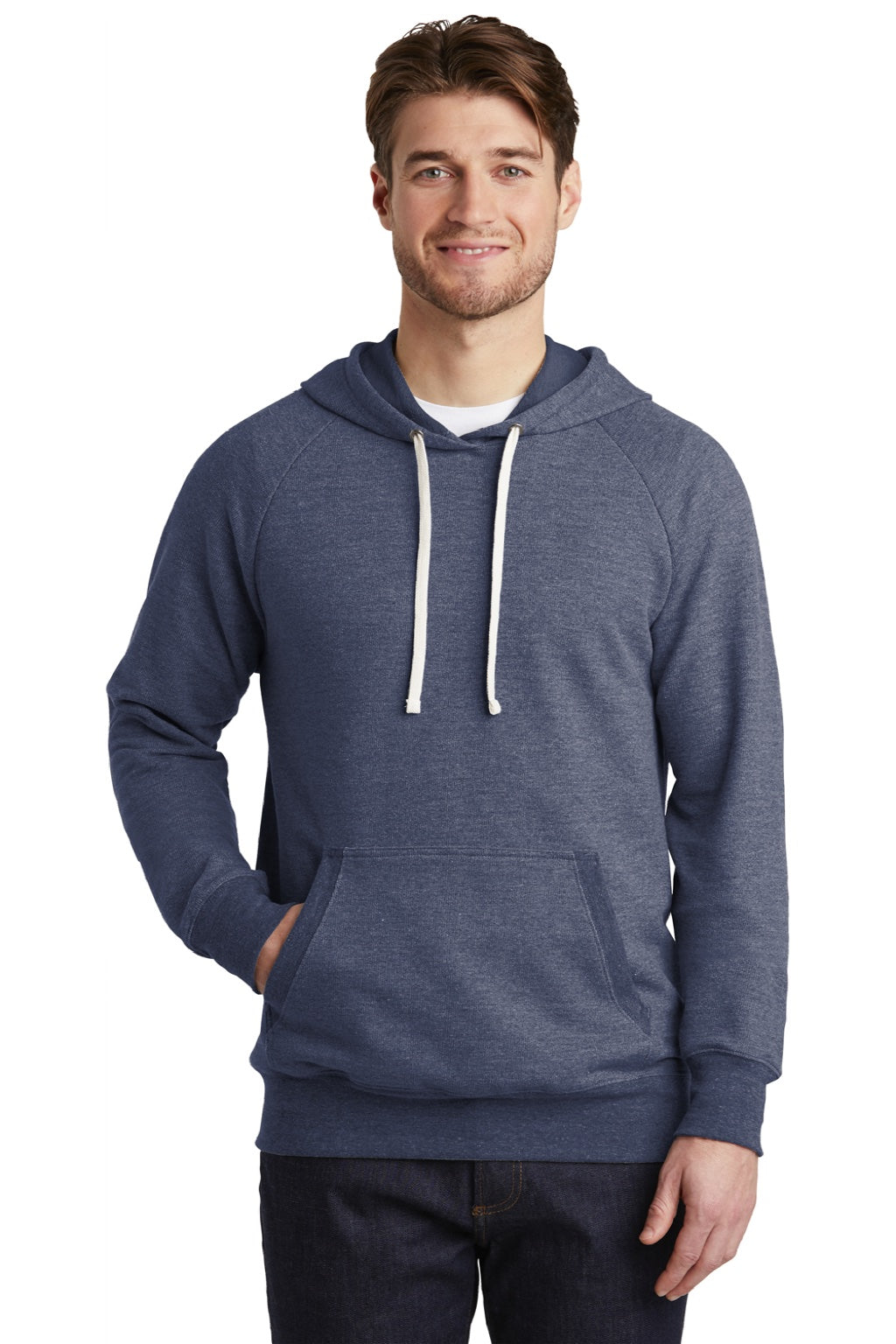 District DT355 Mens Perfect French Terry Hooded Sweatshirt Hoodie w/ Pouch Pocket New Navy Blue Model Front