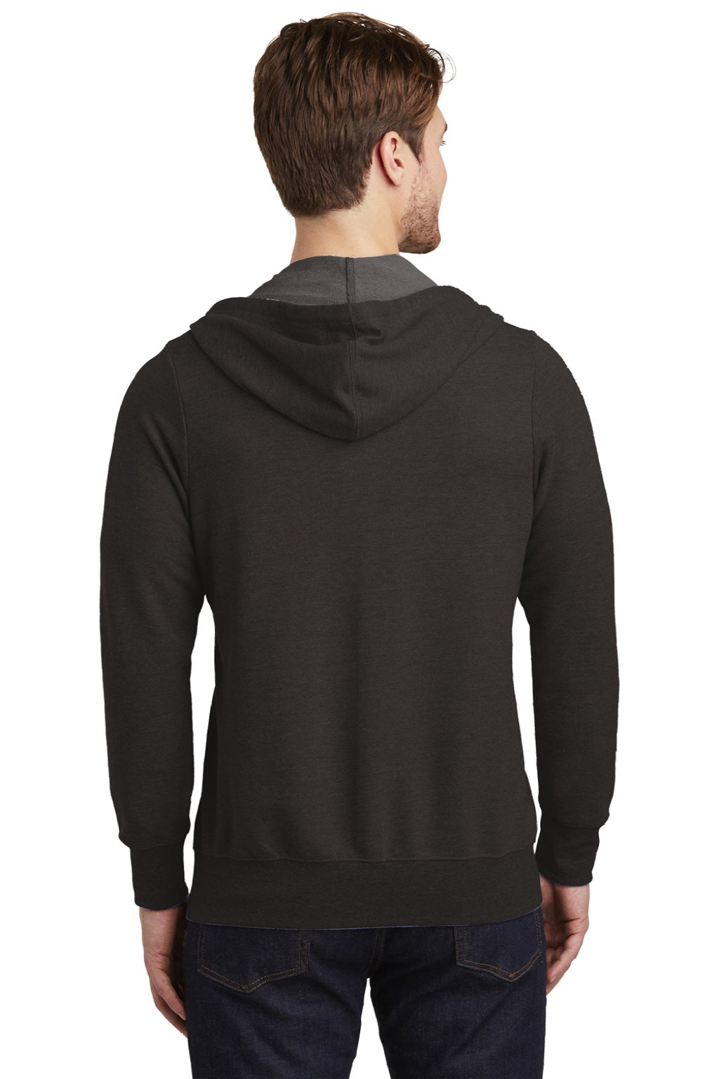 District DT356 Mens Perfect French Terry Full Zip Hooded Sweatshirt Hoodie w/ Pockets Black Model Back