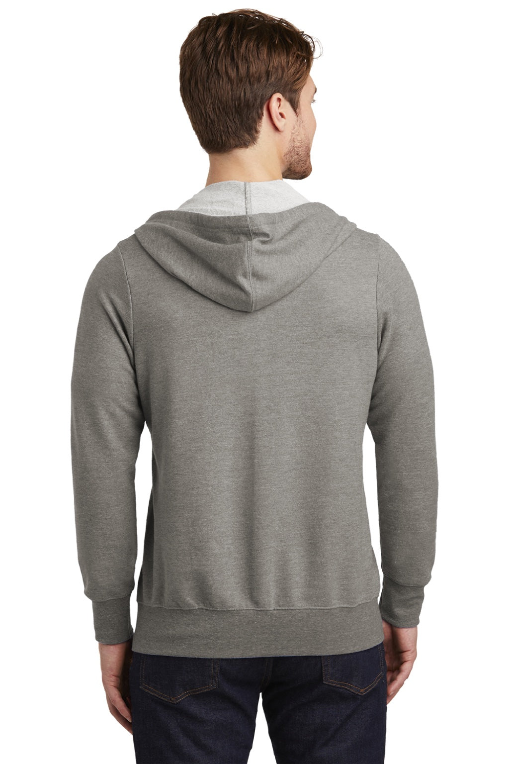 District DT356 Mens Perfect French Terry Full Zip Hooded Sweatshirt Hoodie w/ Pockets Grey Frost Model Back