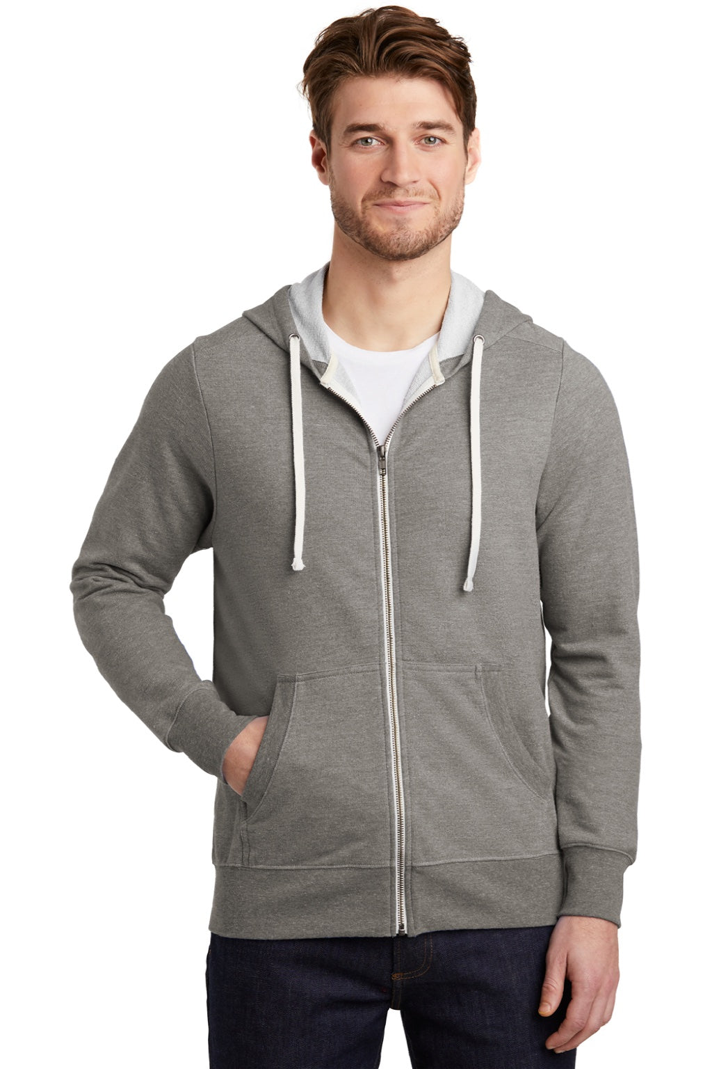 District DT356 Mens Perfect French Terry Full Zip Hooded Sweatshirt Hoodie w/ Pockets Grey Frost Model Front