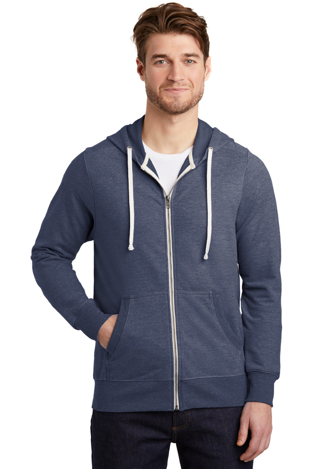 District DT356 Mens Perfect French Terry Full Zip Hooded Sweatshirt Hoodie w/ Pockets New Navy Blue Model Front