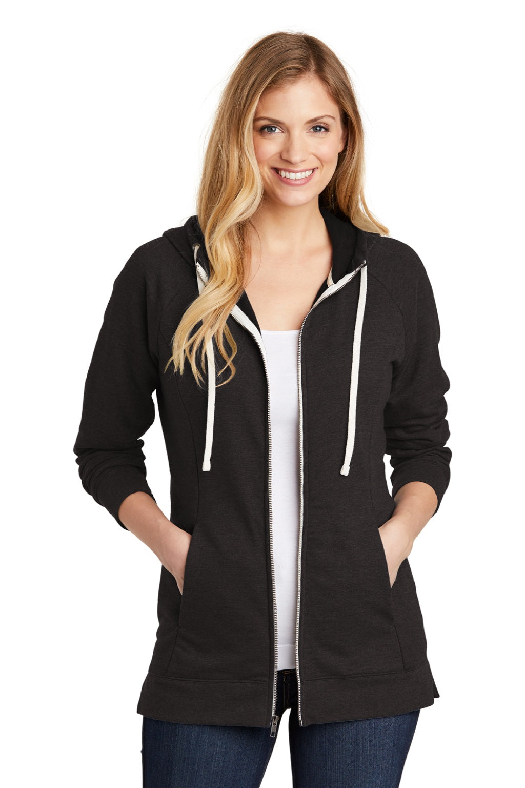 District DT456 Womens Perfect French Terry Full Zip Hooded Sweatshirt Hoodie w/ Pockets Black Model Front