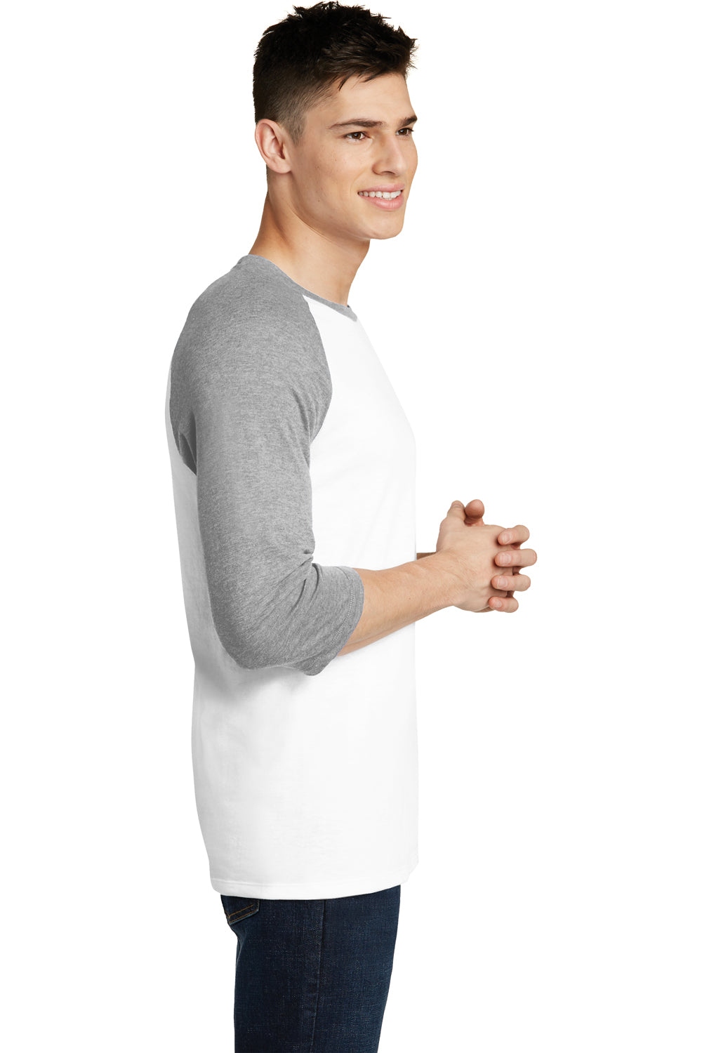 District DT6210 Mens Very Important 3/4 Sleeve Crewneck T-Shirt White/Heather Light Grey Model Side