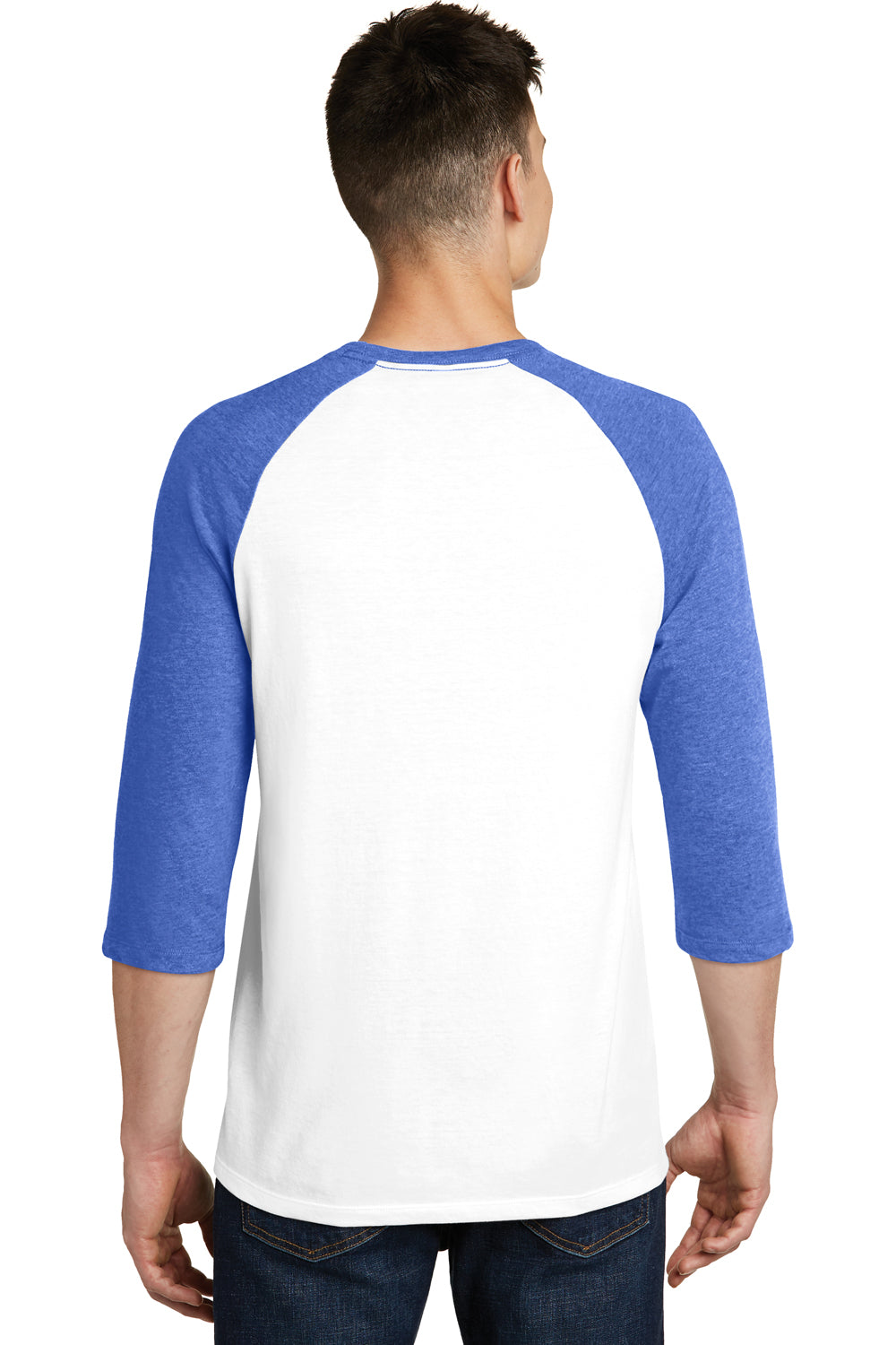 District DT6210 Mens Very Important 3/4 Sleeve Crewneck T-Shirt White/Royal Blue Frost Model Back