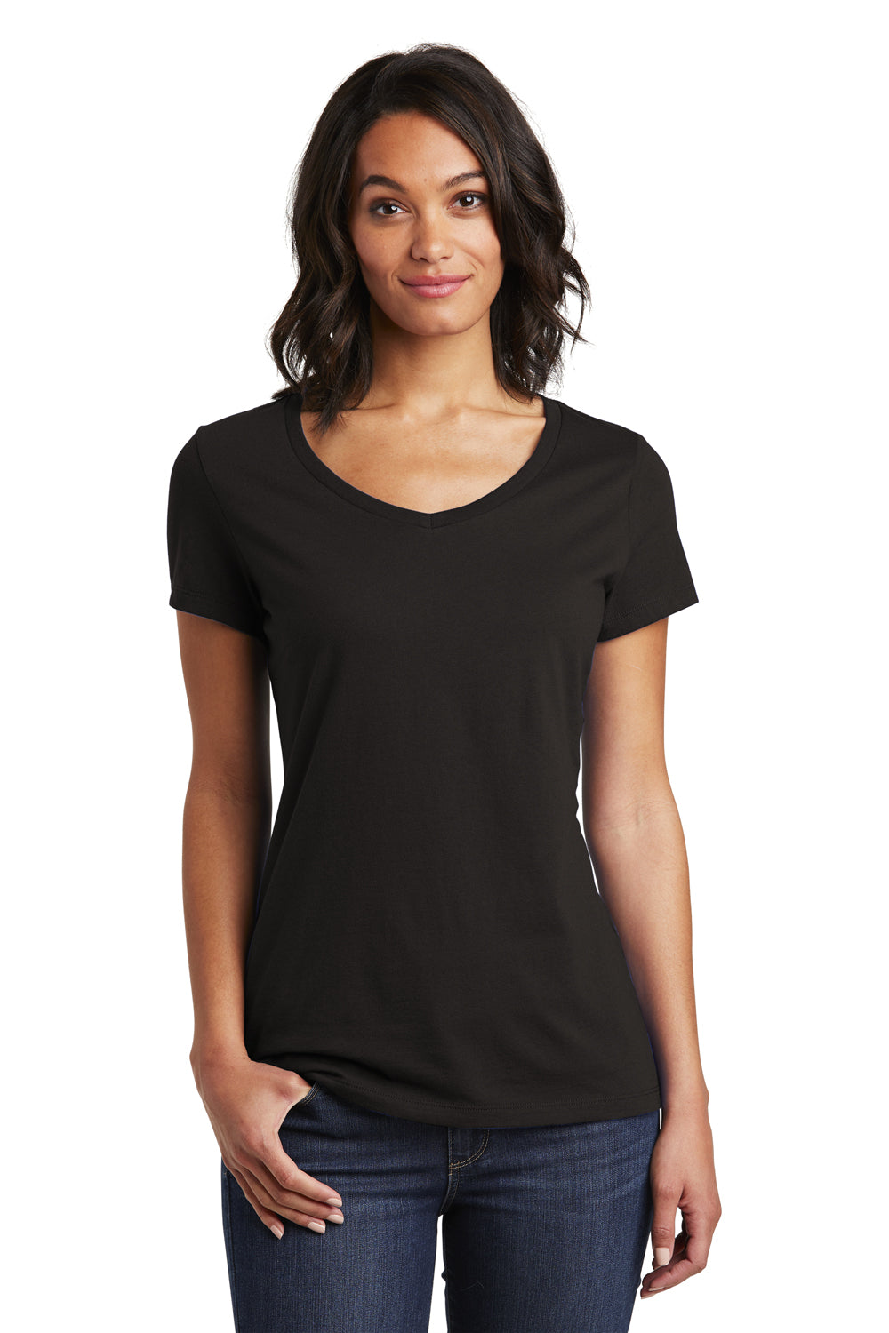 District DT6503 Womens Very Important Short Sleeve V-Neck T-Shirt Black Model Front