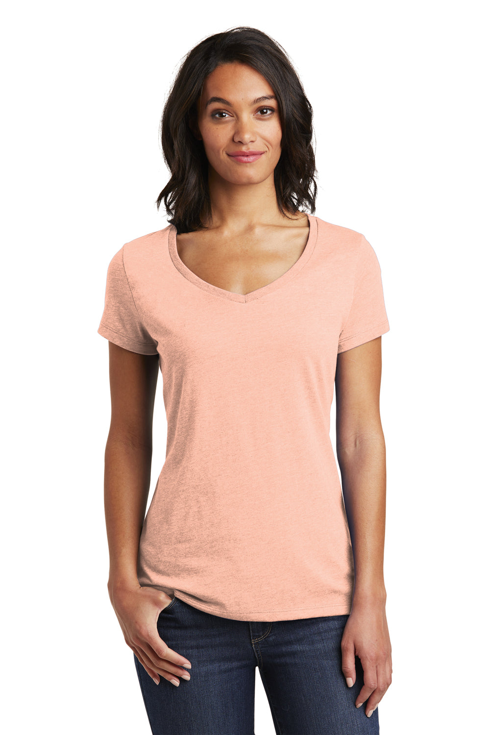 District DT6503 Womens Very Important Short Sleeve V-Neck T-Shirt Dusty Peach Model Front