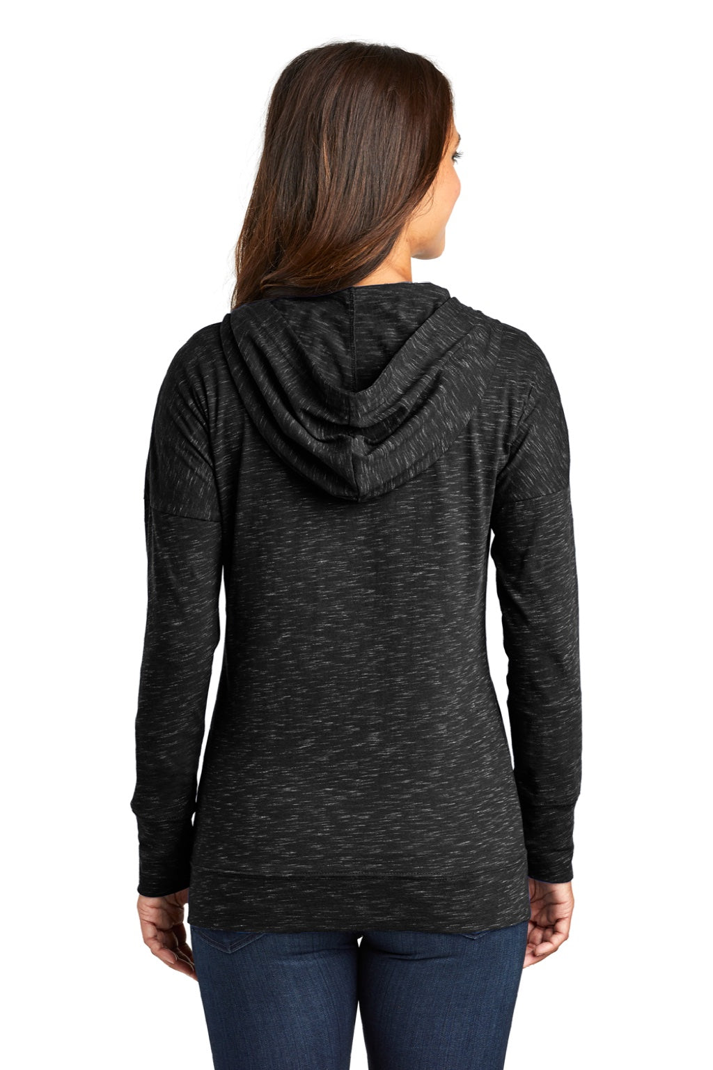District DT665 Womens Medal Full Zip Hooded Sweatshirt Hoodie w/ Pockets Black Model Back