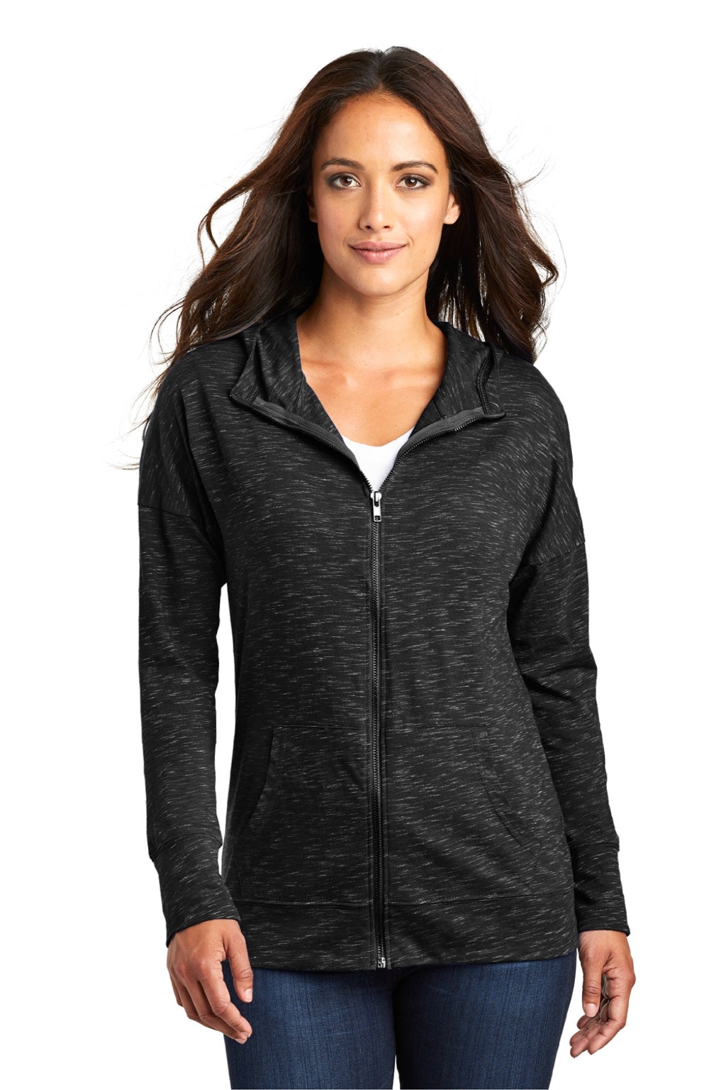 District DT665 Womens Medal Full Zip Hooded Sweatshirt Hoodie w/ Pockets Black Model Front