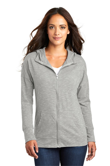 District DT665 Womens Medal Full Zip Hooded Sweatshirt Hoodie w/ Pockets Light Grey Model Front