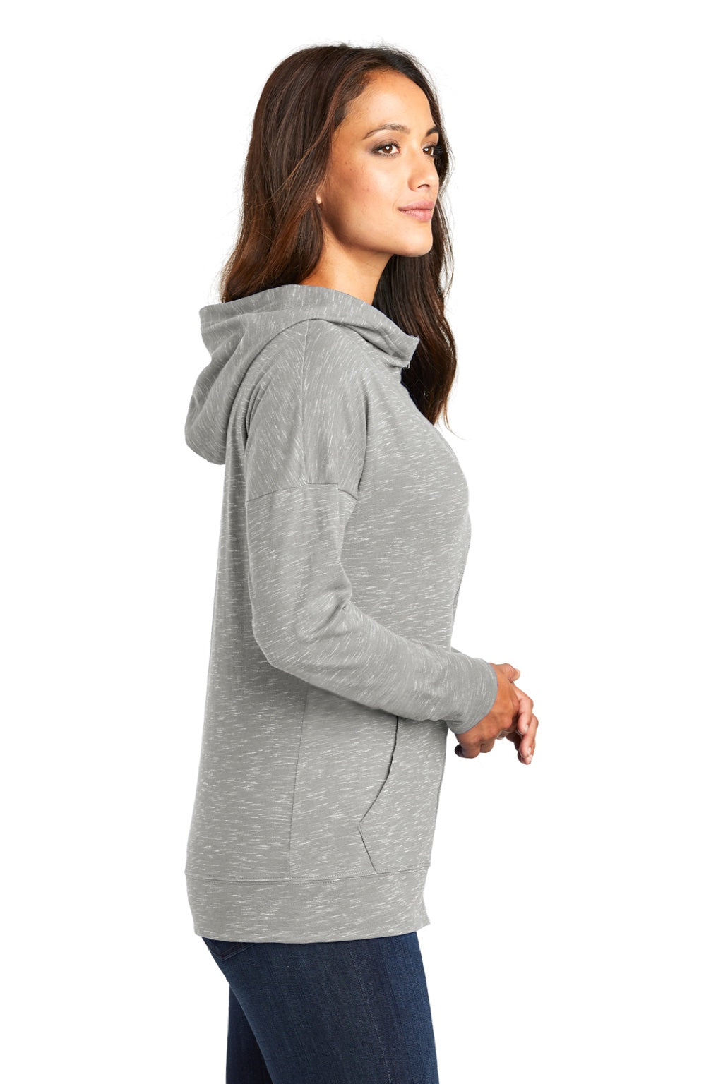 District DT665 Womens Medal Full Zip Hooded Sweatshirt Hoodie w/ Pockets Light Grey Model Side