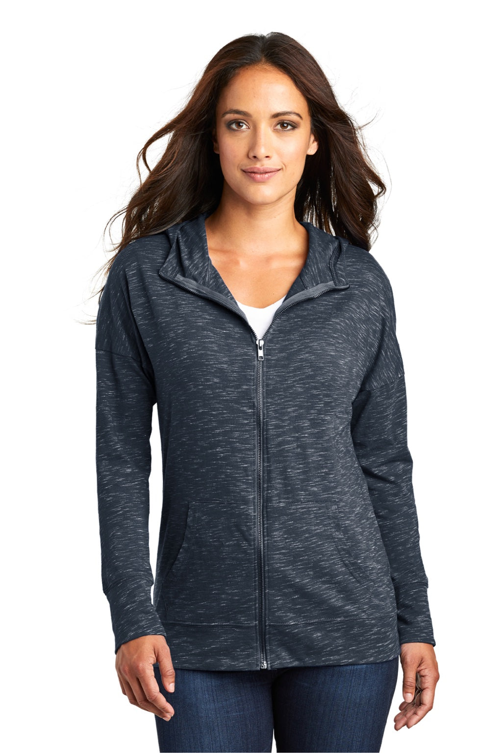 District DT665 Womens Medal Full Zip Hooded Sweatshirt Hoodie w/ Pockets New Navy Blue Model Front