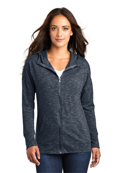 District DT665 Womens Medal Full Zip Hooded Sweatshirt Hoodie w/ Pockets New Navy Blue Model Front