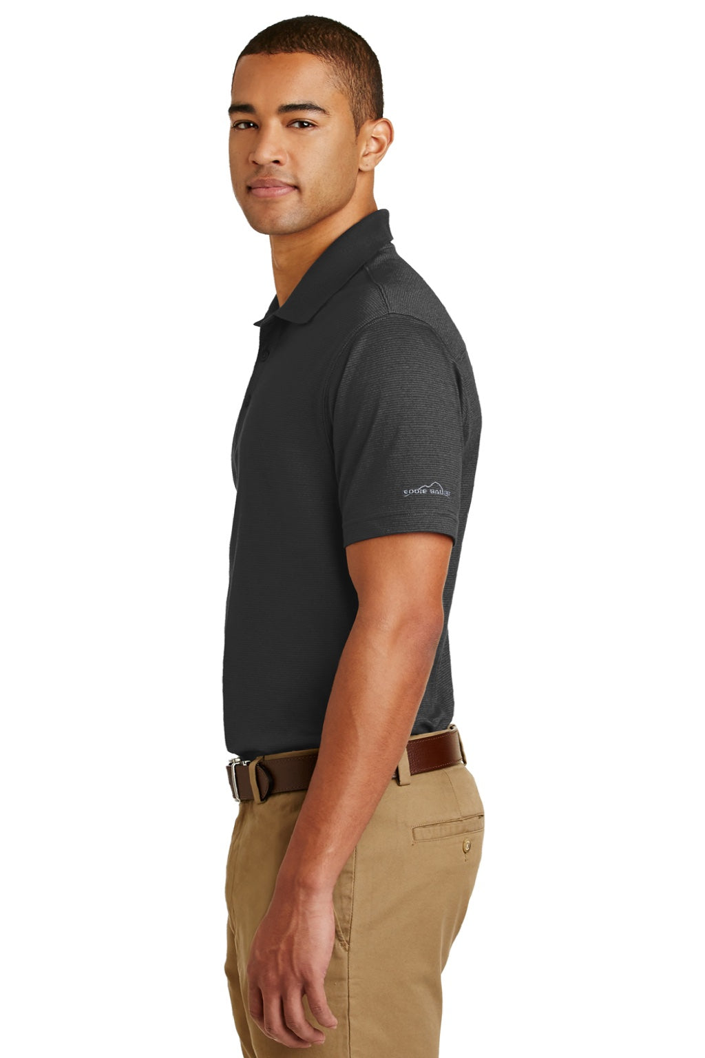 Eddie Bauer EB102 Mens Performance UPF 30+ Short Sleeve Polo Shirt Black Model Side