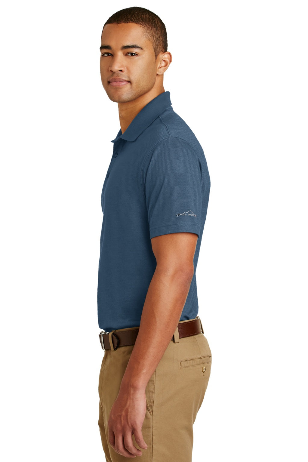 Eddie Bauer EB102 Mens Performance UPF 30+ Short Sleeve Polo Shirt Coast Blue Model Side