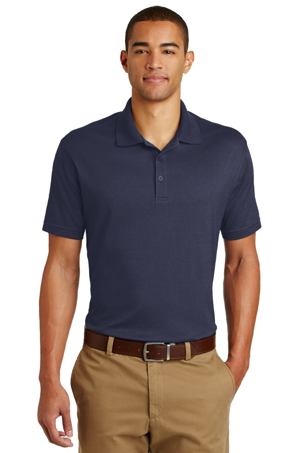 Eddie Bauer EB102 Mens Performance UPF 30+ Short Sleeve Polo Shirt Navy Blue Model Front