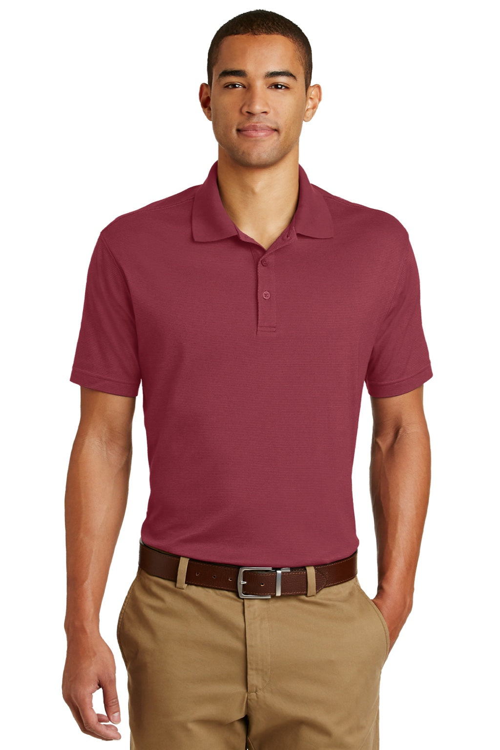 Eddie Bauer EB102 Mens Performance UPF 30+ Short Sleeve Polo Shirt Red Rhubarb Model Front