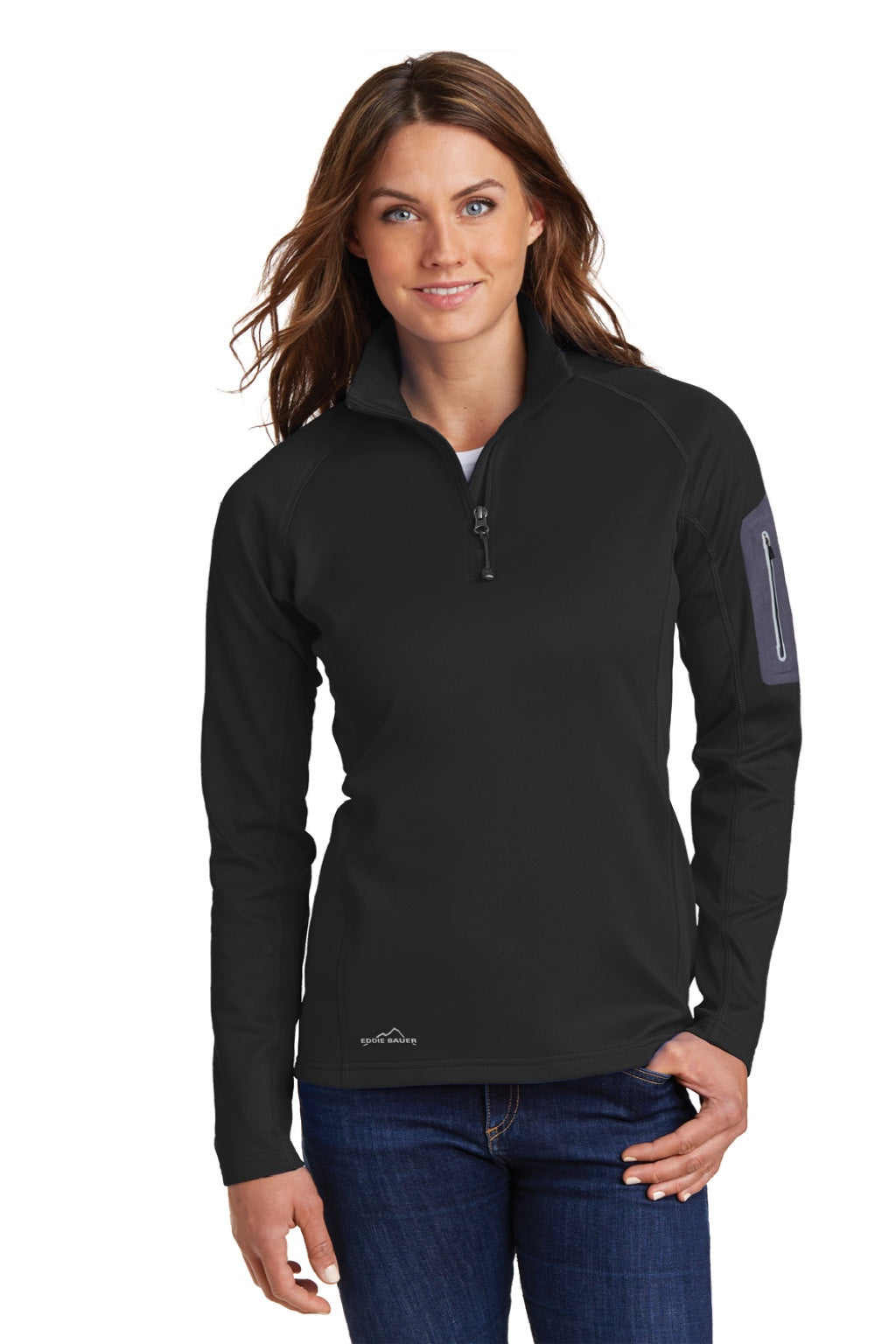 Eddie Bauer EB235 Womens Performance Fleece 1/4 Zip Sweatshirt w/ Pocket Black Model Front