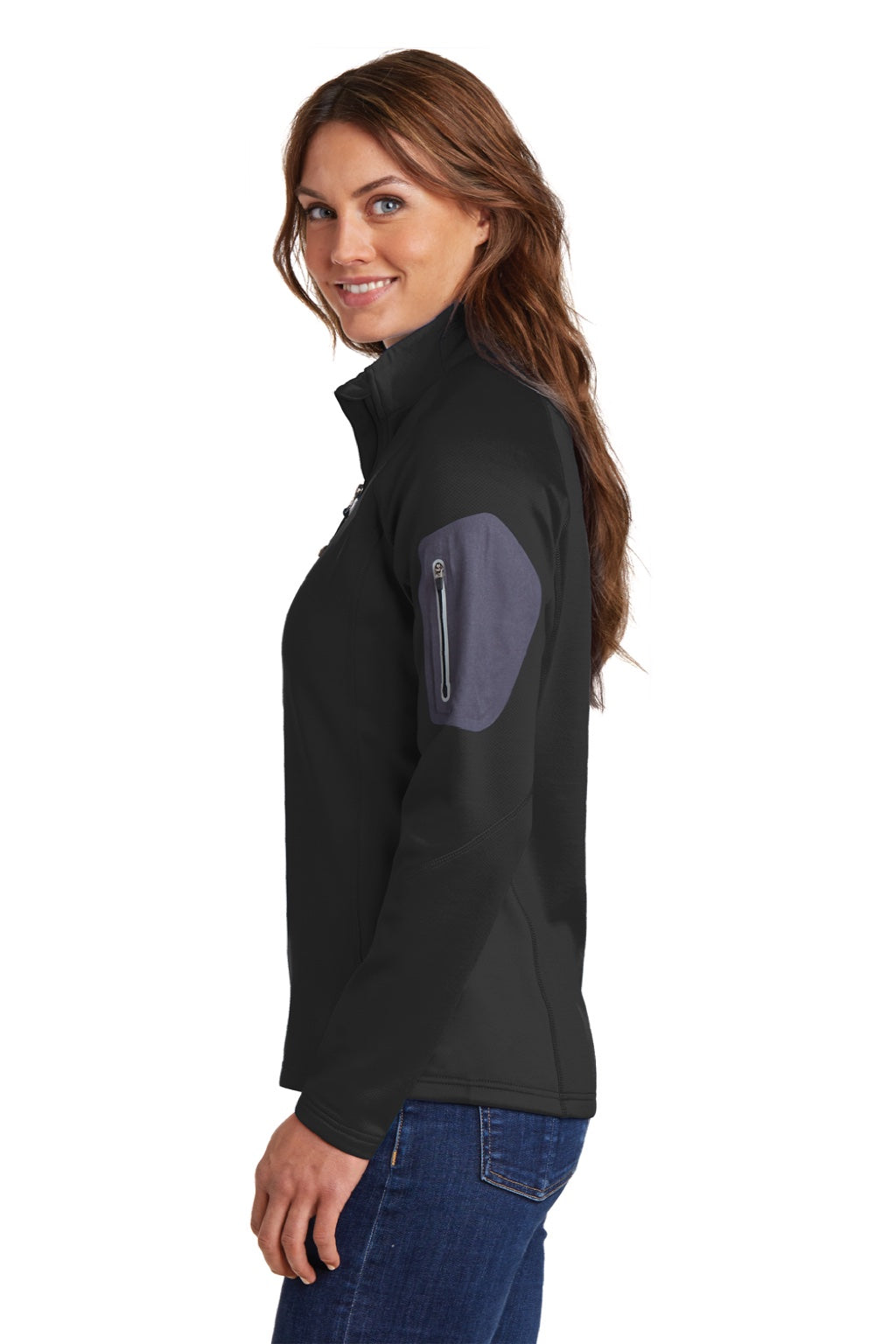 Eddie Bauer EB235 Womens Performance Fleece 1/4 Zip Sweatshirt w/ Pocket Black Model Side