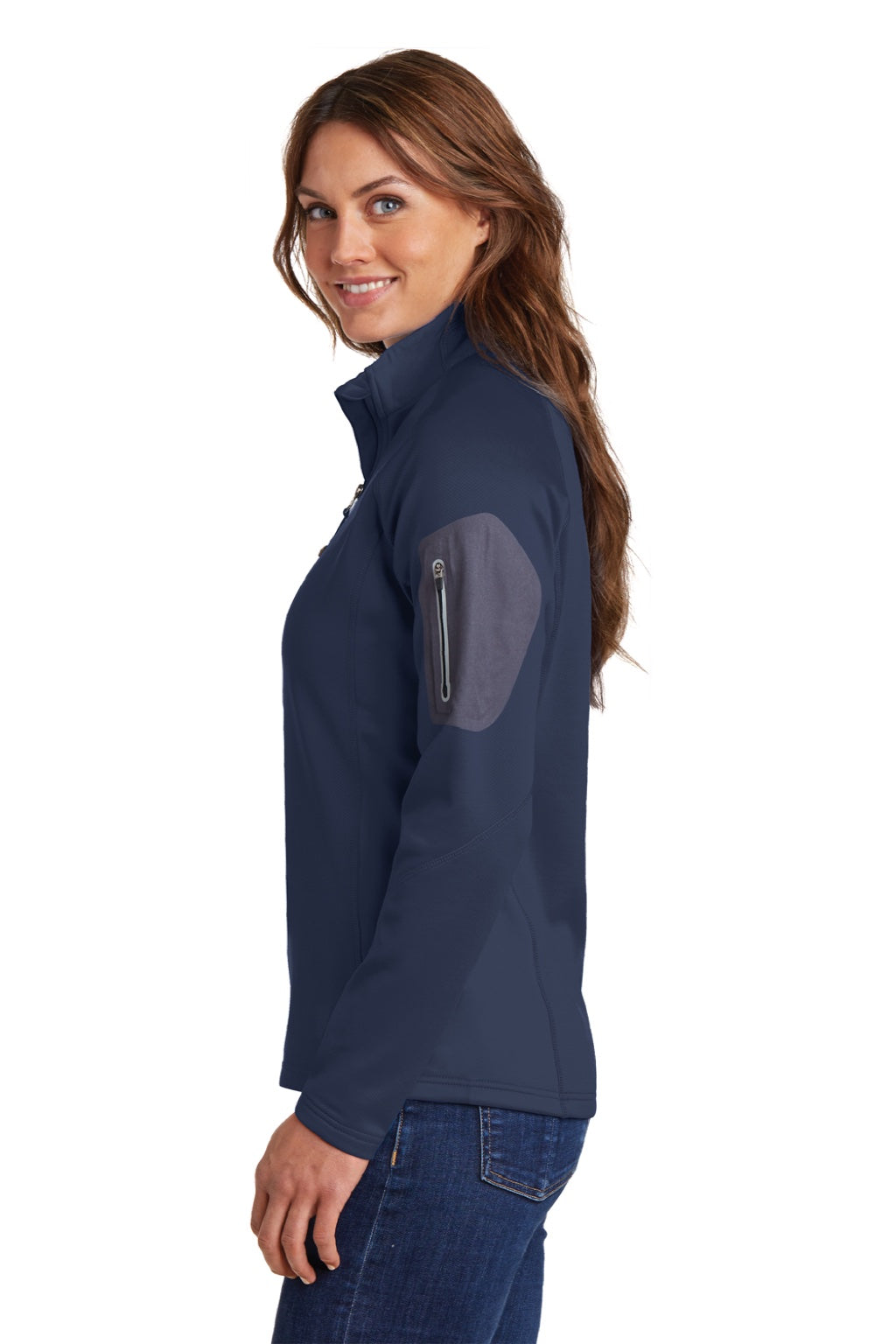 Eddie Bauer EB235 Womens Performance Fleece 1/4 Zip Sweatshirt w/ Pocket River Navy Blue Model Side