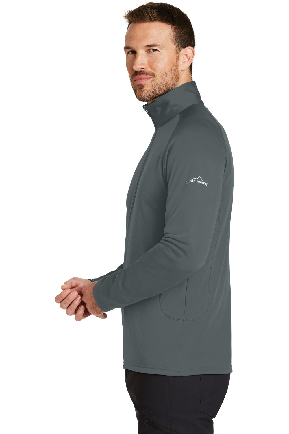 Eddie Bauer EB236 Mens Smooth Fleece 1/4 Zip Sweatshirt Iron Grey Model Side