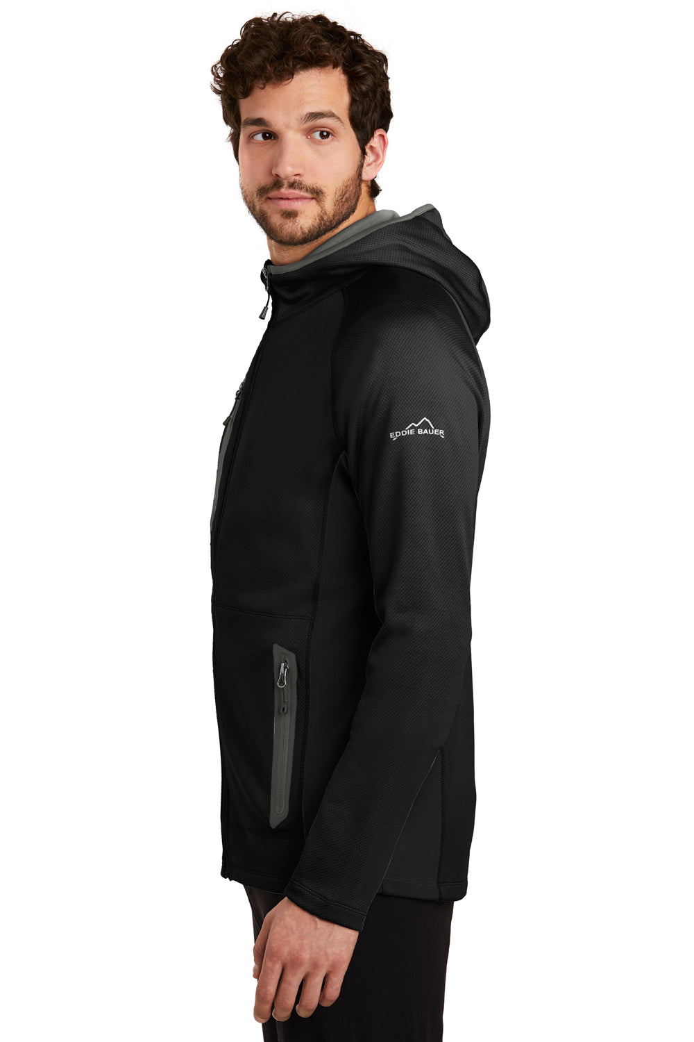 Eddie Bauer EB244 Mens Sport Pill Resistant Fleece Full Zip Hooded Jacket Black Model Side