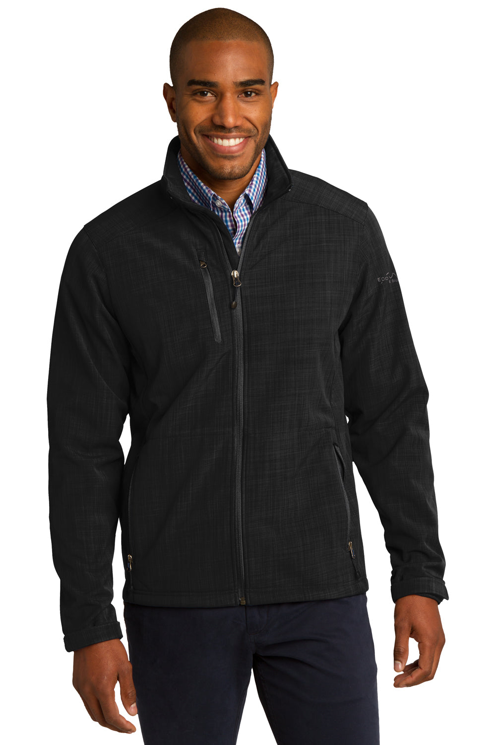 Eddie Bauer EB532 Mens Shaded Crosshatch Wind & Water Resistant Full Zip Jacket Black Model Front