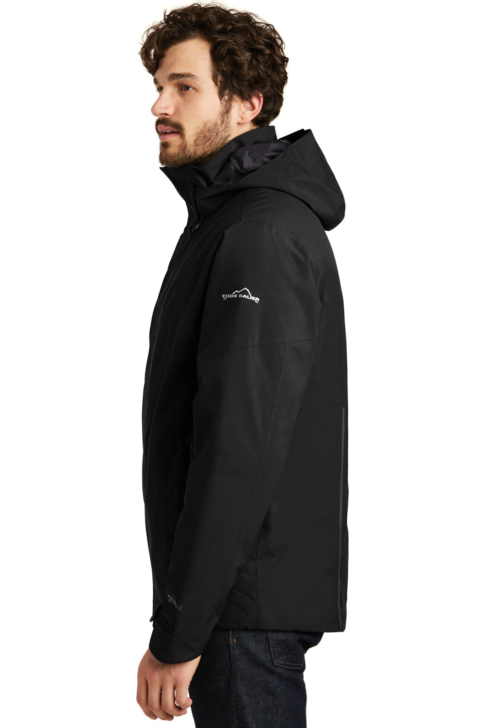 Eddie Bauer EB554 Mens WeatherEdge Plus Waterproof Full Zip Hooded Jacket Black Model Side