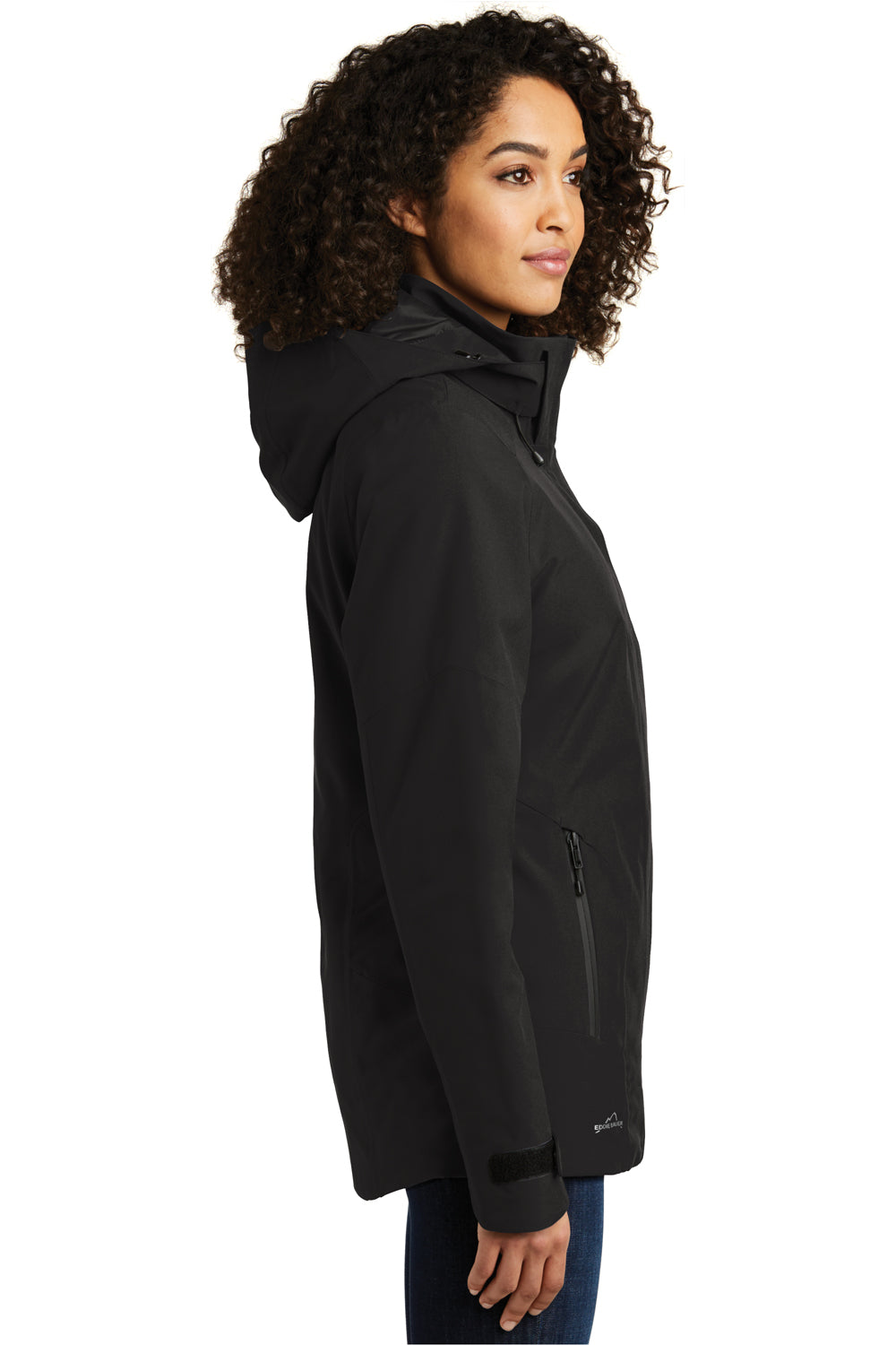 Eddie Bauer EB555 Womens WeatherEdge Plus Waterproof Full Zip Hooded Jacket Black Model Side