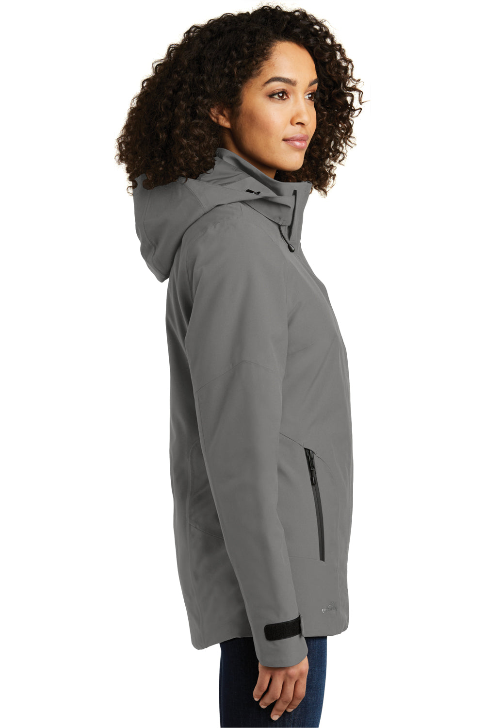 Eddie Bauer EB555 Womens WeatherEdge Plus Waterproof Full Zip Hooded Jacket Metal Grey Model Side