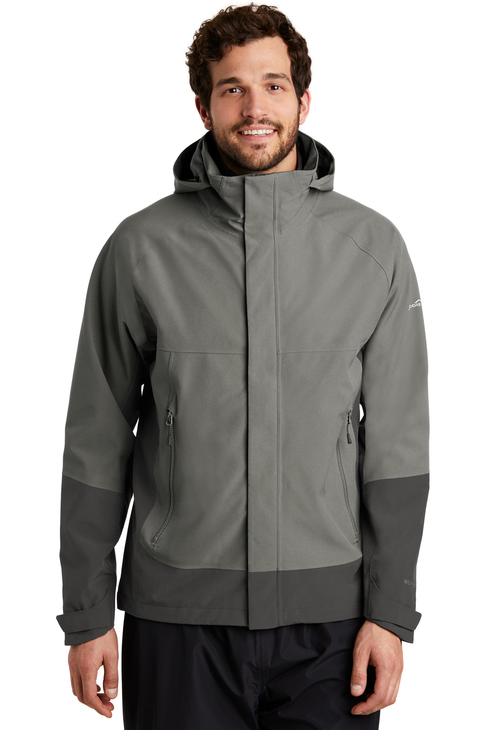 Eddie Bauer EB558 Mens WeatherEdge Waterproof Full Zip Hooded Jacket Metal Grey Model Front