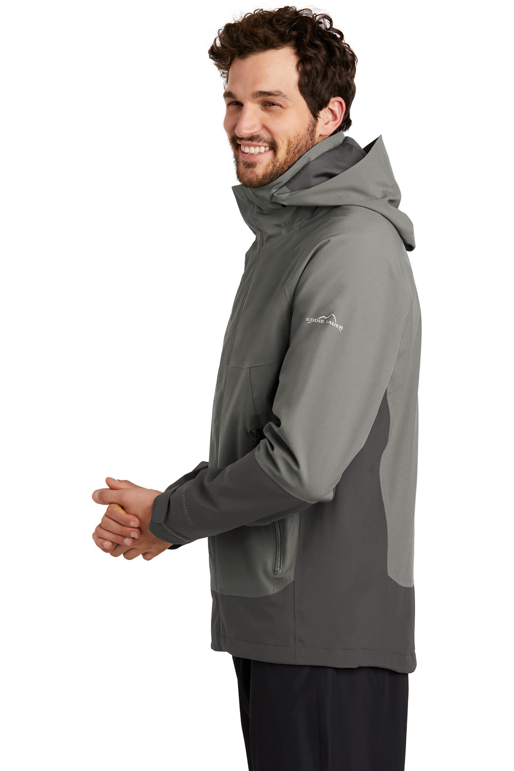 Eddie Bauer EB558 Mens WeatherEdge Waterproof Full Zip Hooded Jacket Metal Grey Model Side