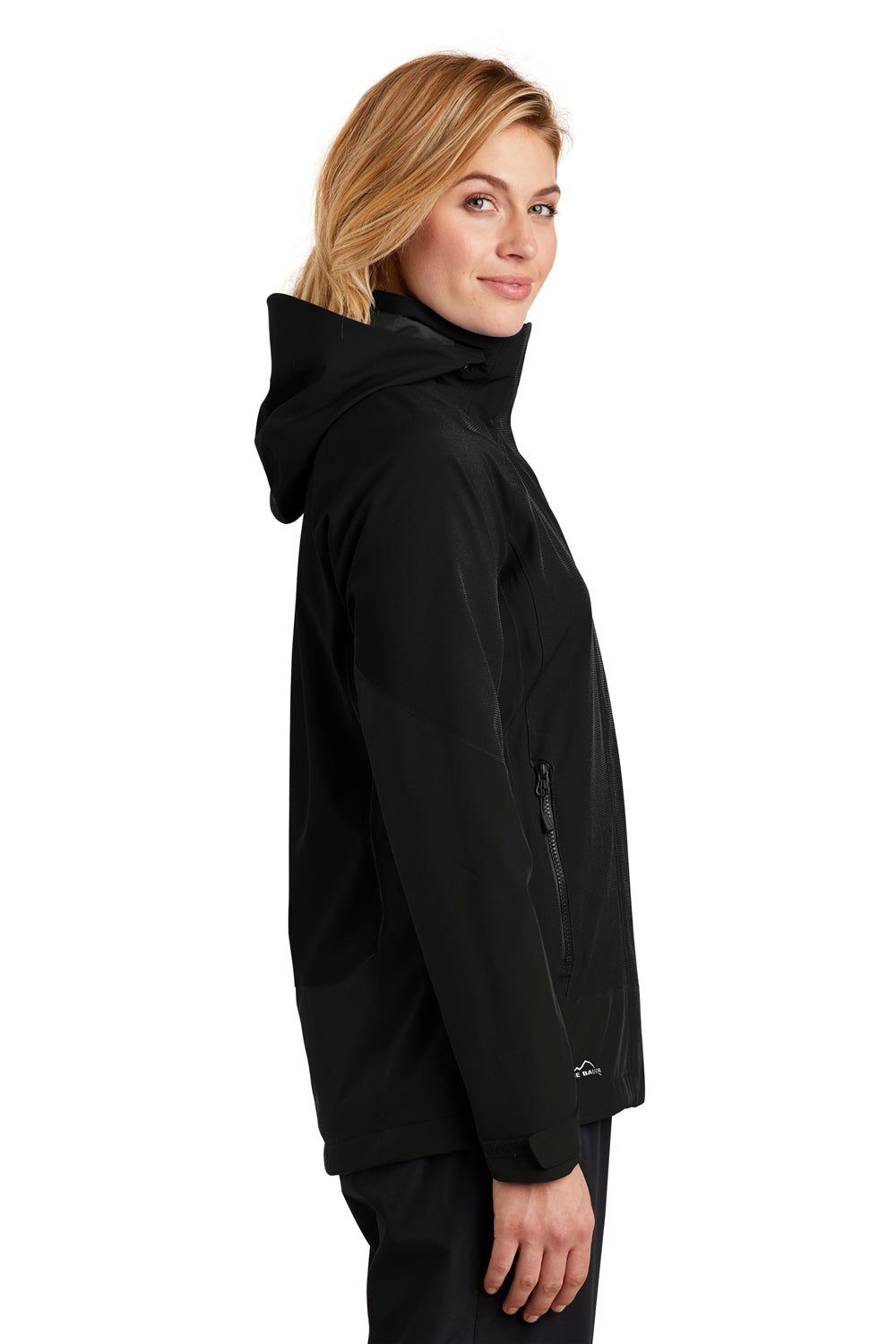 Eddie Bauer EB559 Womens WeatherEdge Waterproof Full Zip Hooded Jacket Black Model Side