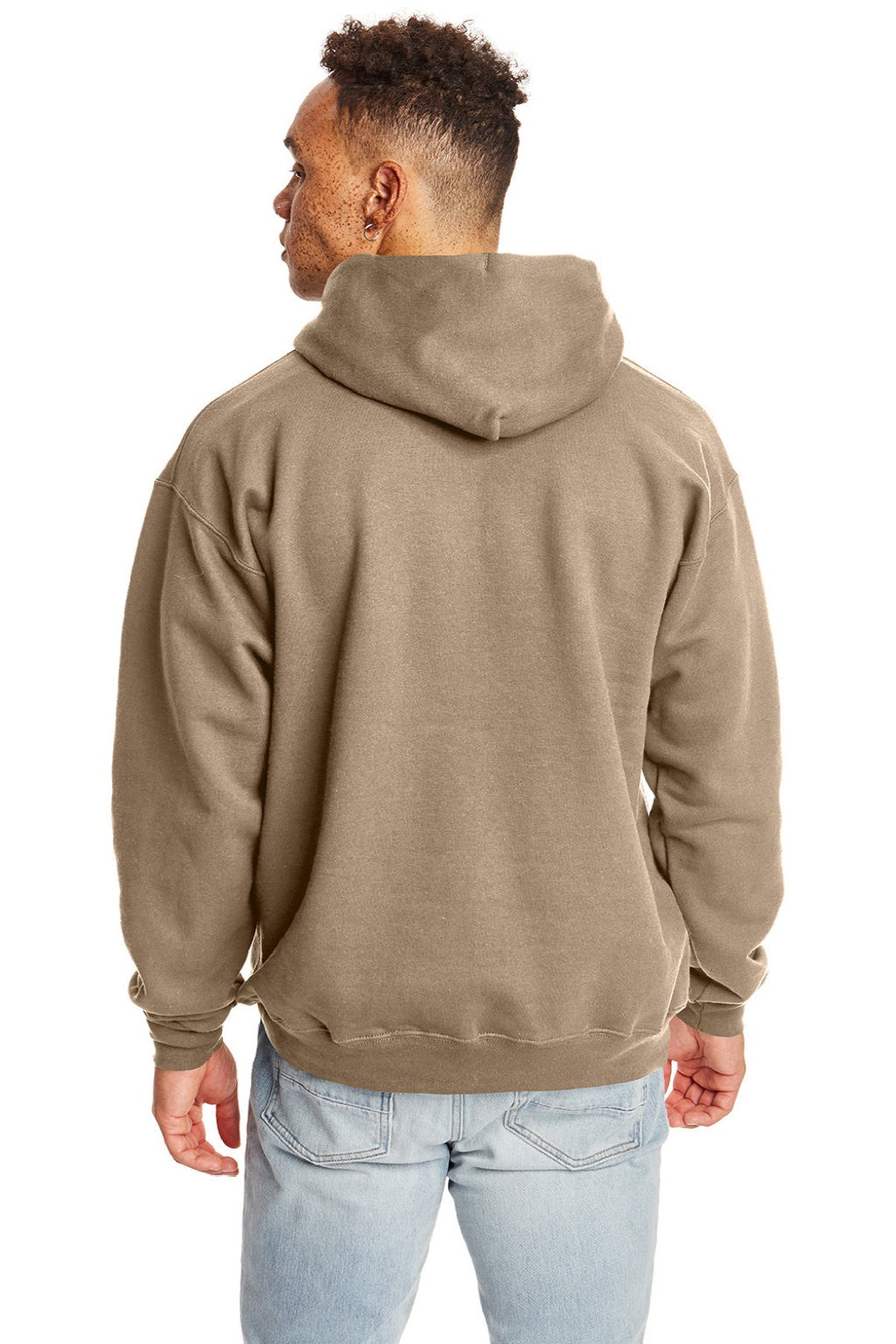 Hanes F170 Mens Ultimate Cotton PrintPro XP Pill Resistant Hooded Sweatshirt Hoodie w/ Pouch Pocket Pebble Brown Model Back