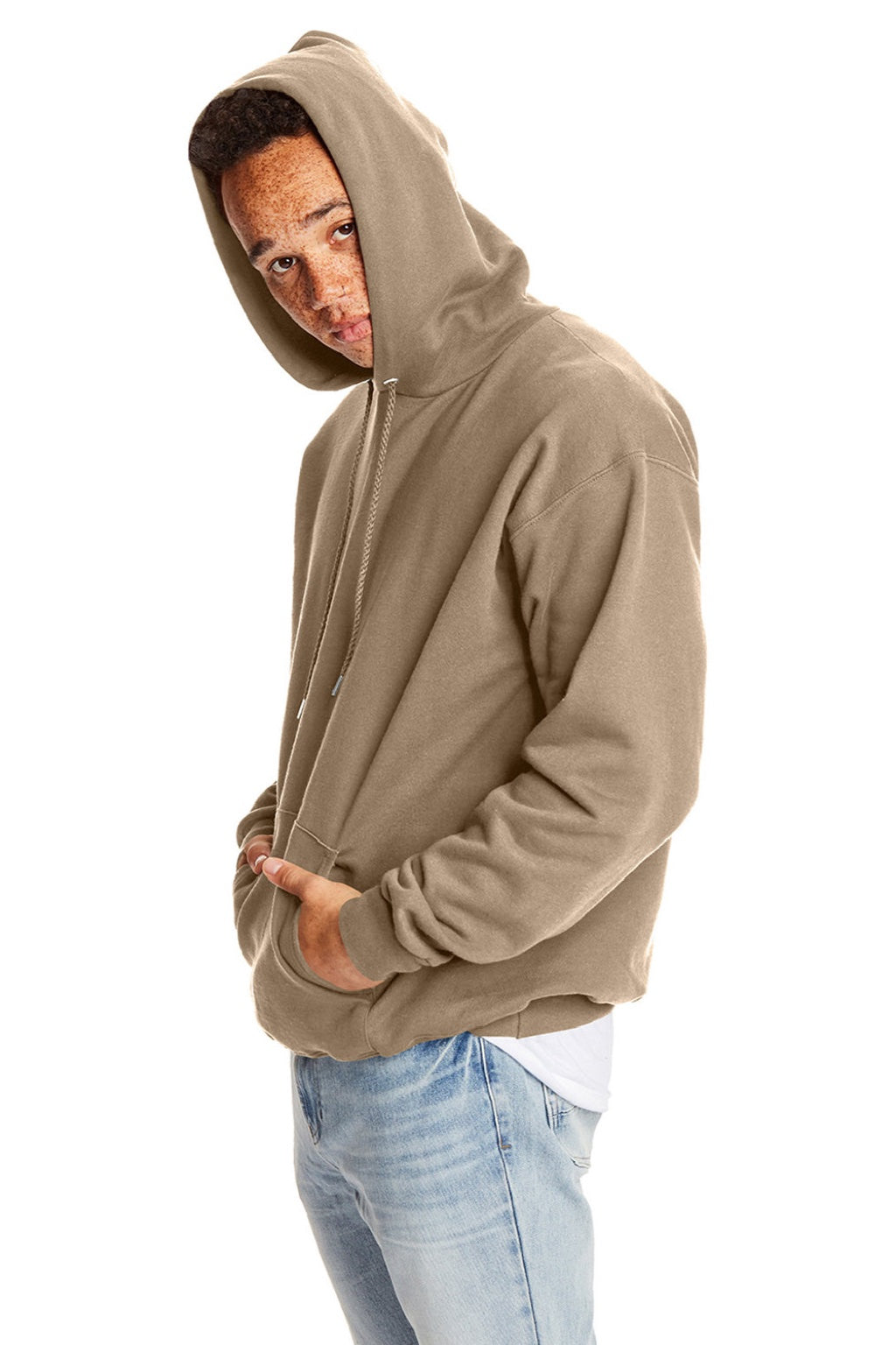 Hanes F170 Mens Ultimate Cotton PrintPro XP Pill Resistant Hooded Sweatshirt Hoodie w/ Pouch Pocket Pebble Brown Model Side