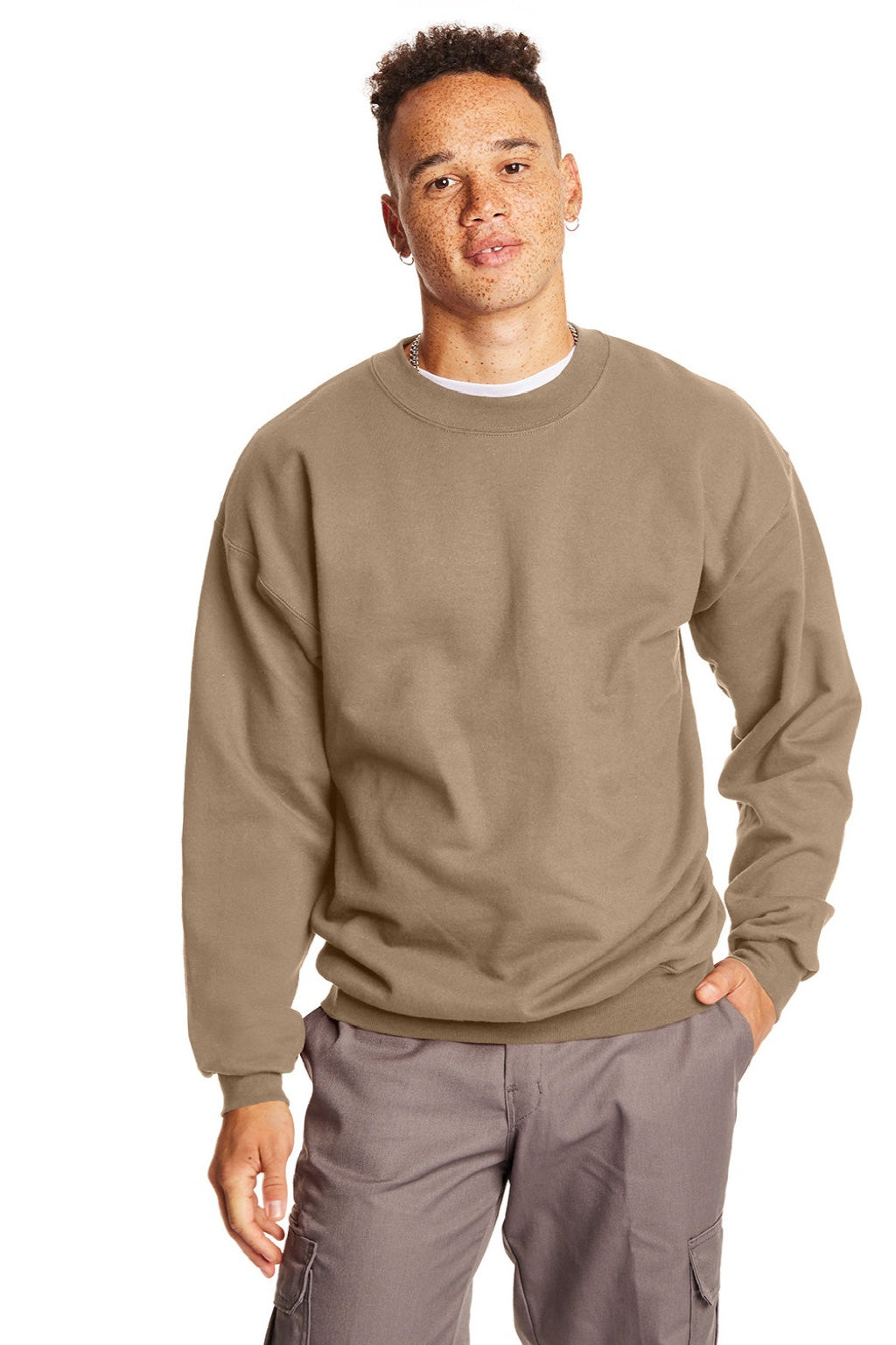 Hanes F260 Mens Ultimate Cotton PrintPro XP Pill Resistant Crewneck Sweatshirt Pebble Brown Model Front