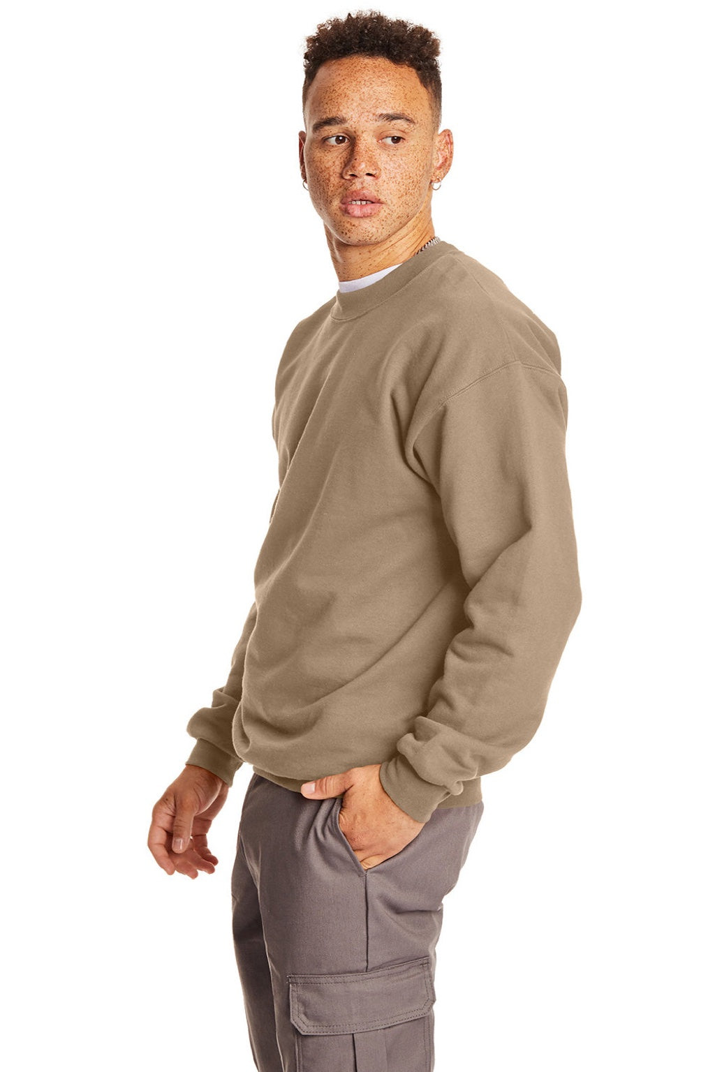 Hanes F260 Mens Ultimate Cotton PrintPro XP Pill Resistant Crewneck Sweatshirt Pebble Brown Model Side