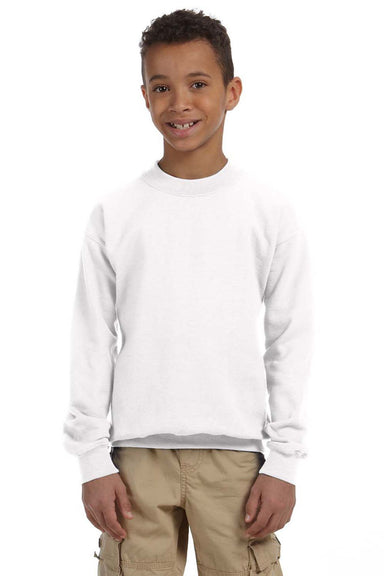 Gildan 18000B Youth Pill Resistant Fleece Crewneck Sweatshirt White Model Front