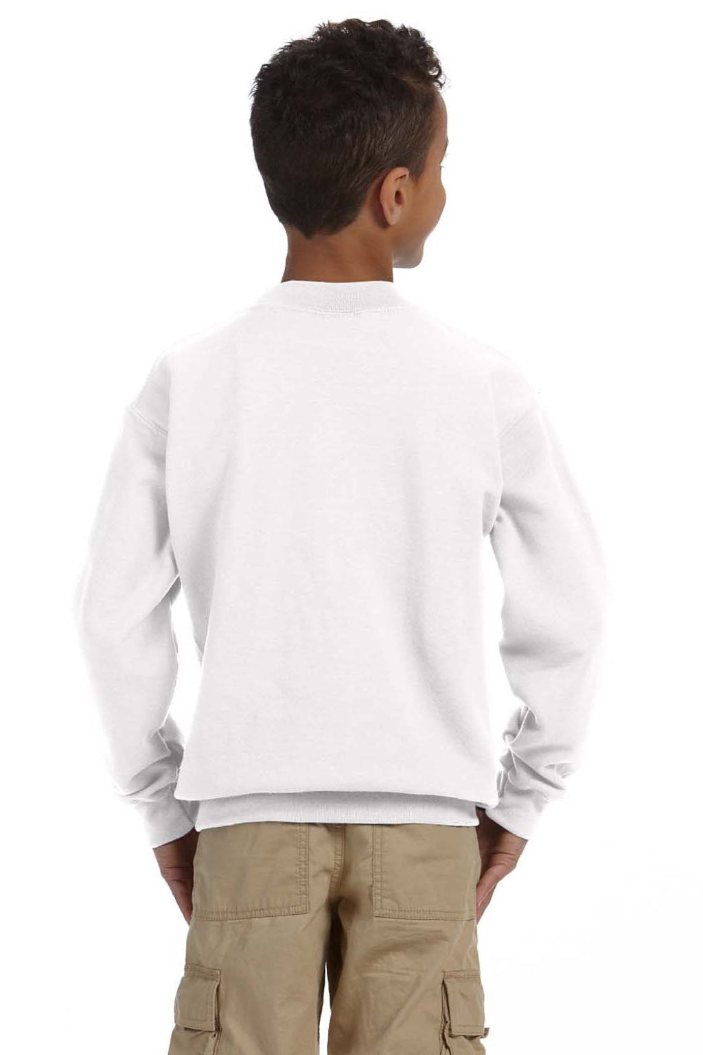 Gildan 18000B Youth Pill Resistant Fleece Crewneck Sweatshirt White Model Back