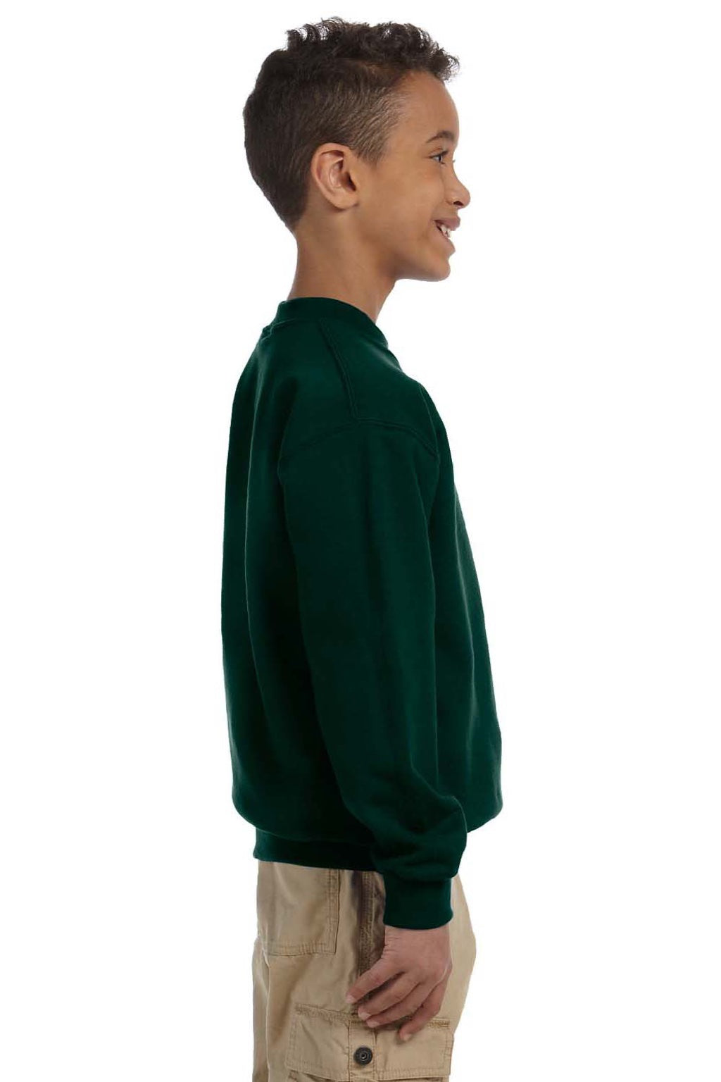 Gildan 18000B Youth Pill Resistant Fleece Crewneck Sweatshirt Forest Green Model Side