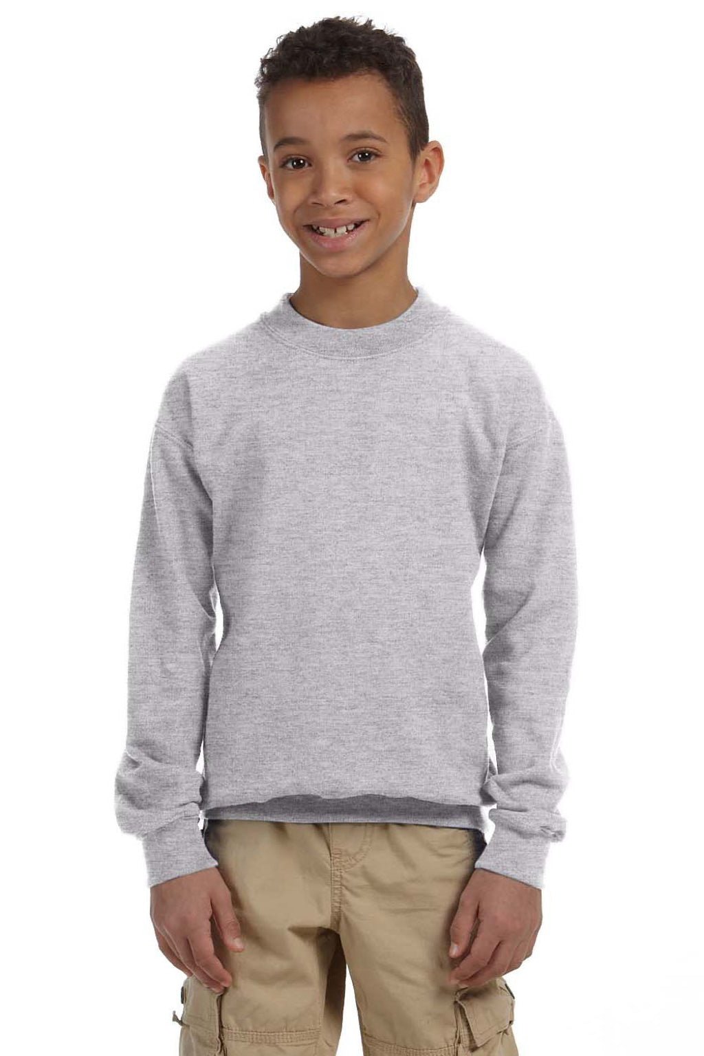 Gildan 18000B Youth Pill Resistant Fleece Crewneck Sweatshirt Sport Grey Model Front