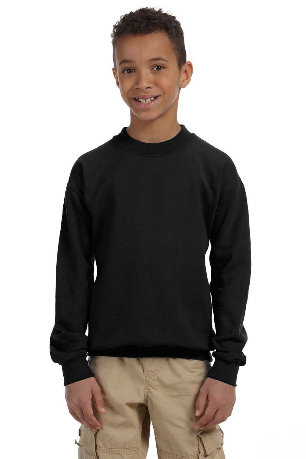 Gildan 18000B Youth Pill Resistant Fleece Crewneck Sweatshirt Black Model Front