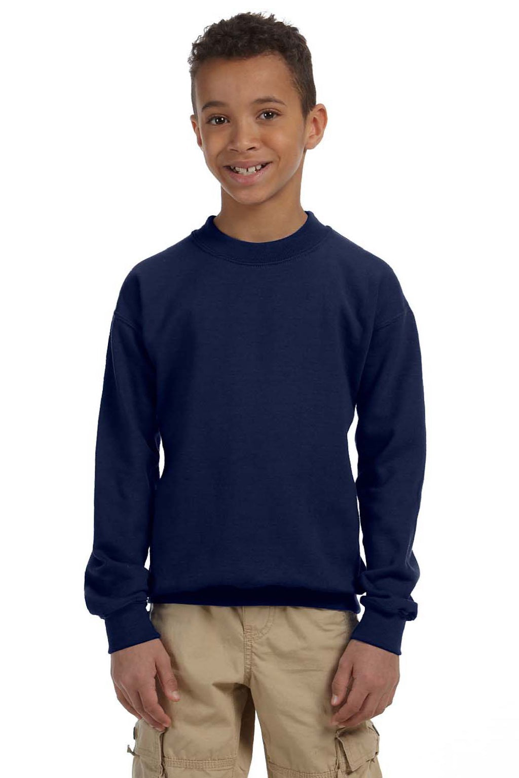 Gildan 18000B Youth Pill Resistant Fleece Crewneck Sweatshirt Navy Blue Model Front
