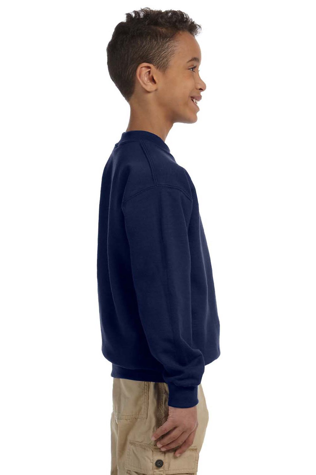 Gildan 18000B Youth Pill Resistant Fleece Crewneck Sweatshirt Navy Blue Model Side