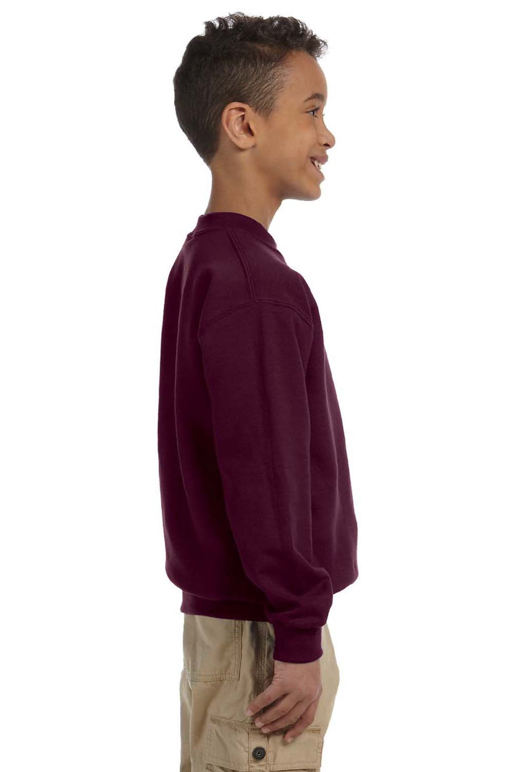 Gildan 18000B Youth Pill Resistant Fleece Crewneck Sweatshirt Maroon Model Side