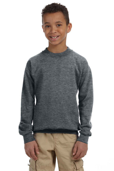 Gildan 18000B Youth Pill Resistant Fleece Crewneck Sweatshirt Heather Dark Grey Model Front