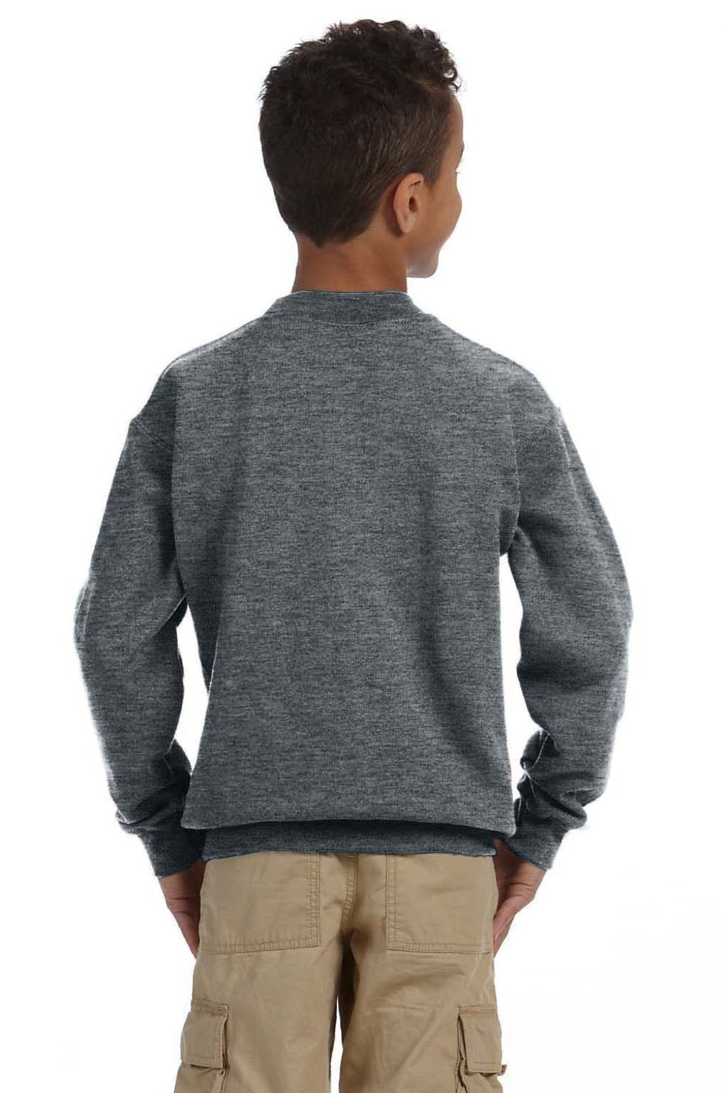 Gildan 18000B Youth Pill Resistant Fleece Crewneck Sweatshirt Heather Dark Grey Model Back